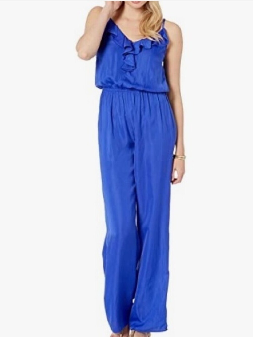 New Lilly Pulitzer Tinley Ruffle Front Wide Leg Jumpsuit XS Royal Purple